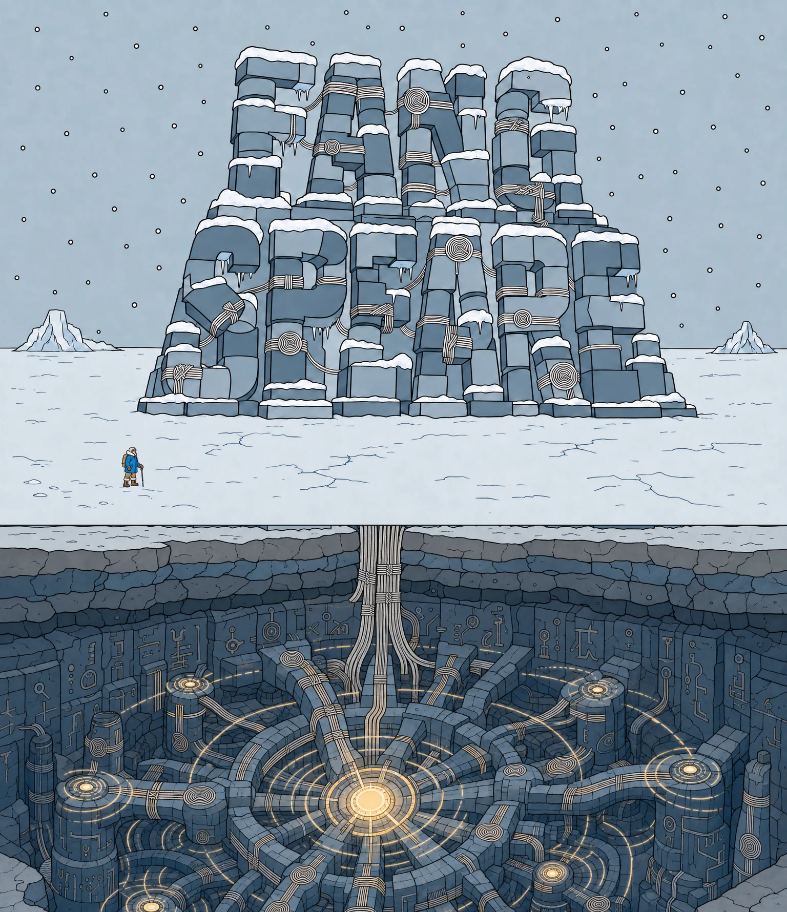 Fang Speare bluestone ziggurat wordmark on the arctic surface, wrapped in platinum wire, with a tiny figure for scale.
