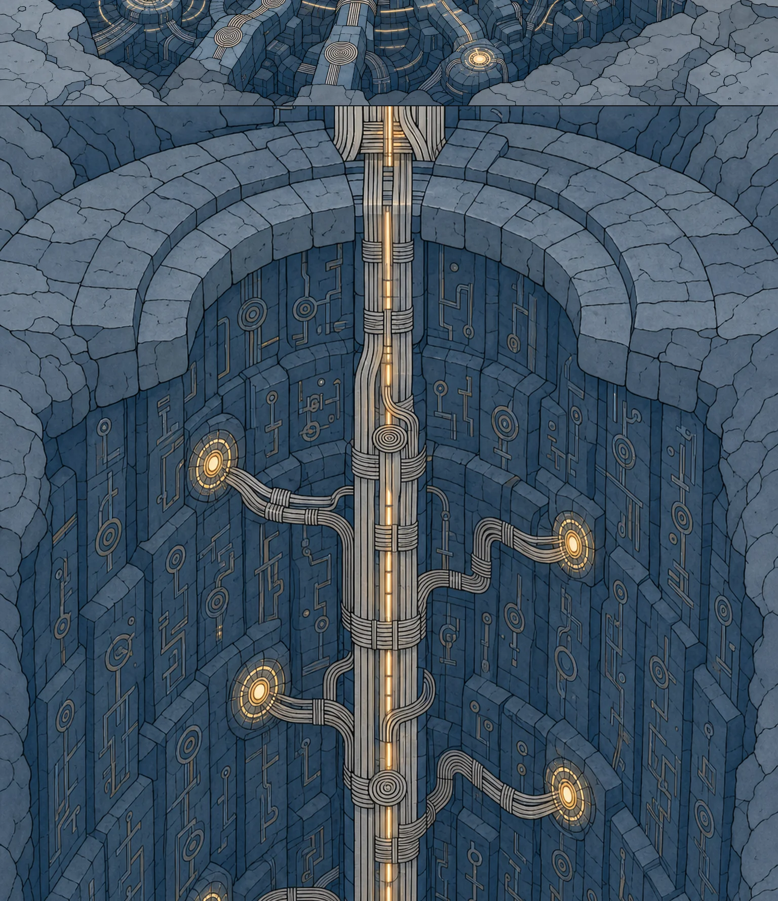 Cutaway view of the resonance core chamber beneath the surface, glowing amber rings wired with platinum conduits.