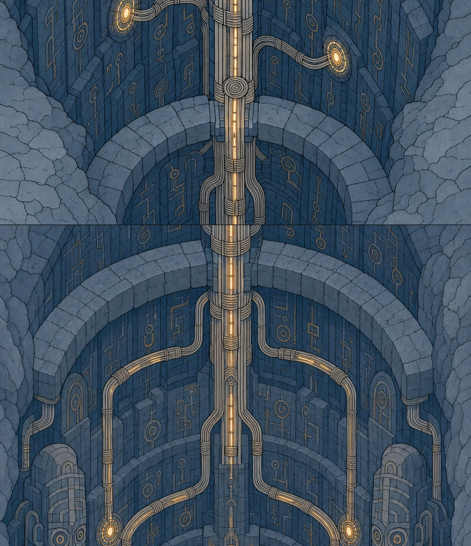 A long glyph-carved descent shaft with a central conduit branching into the surrounding rock.