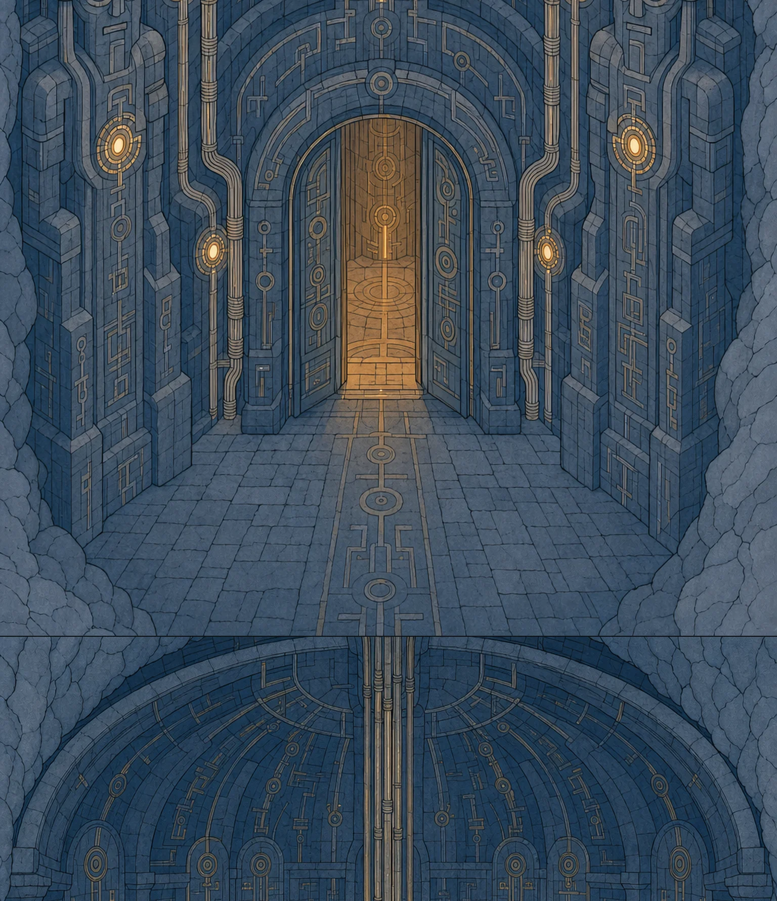 A ceremonial vault antechamber lined with carved sentinel pillars, conduits converging on a glowing sealed door.