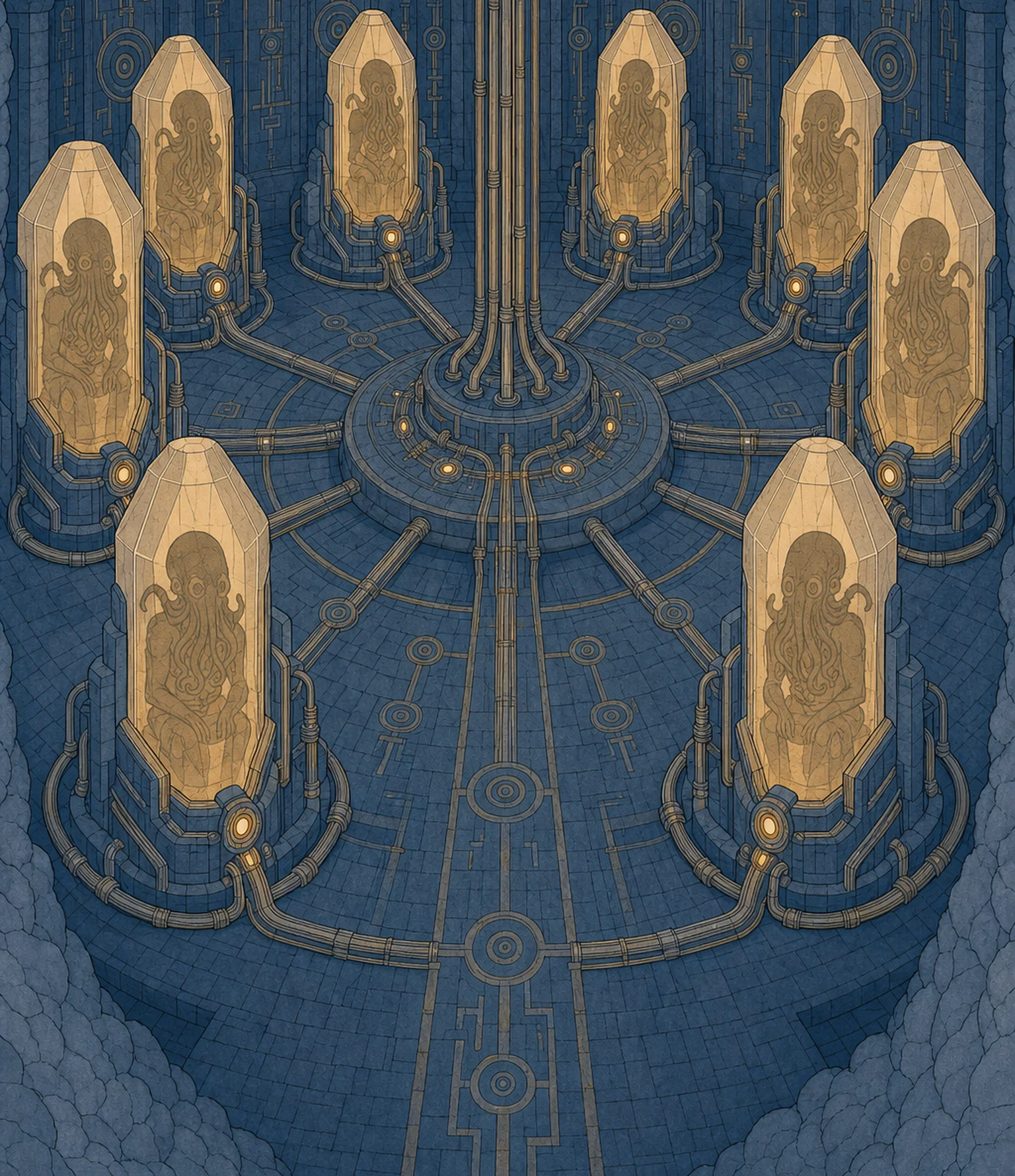 The sarcophagus hall, eight crystal capsules with tentacled ancient beings, arranged around a glowing central dais.